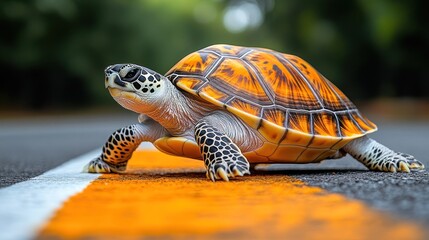 Obraz premium Tortoise crossing road, jungle background, wildlife conservation