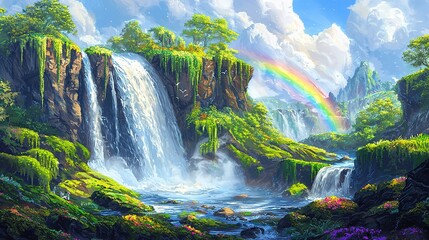 Rainbow Waterfall Fantasy Landscape