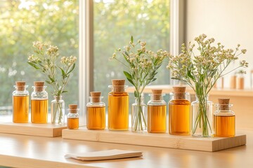 Bottles of essential oils and flowers arranged aesthetically on a wooden surface with natural light filtering through a window.