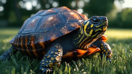 Fototapeta premium Tortoise strolling grassy lawn, sunset; nature backdrop