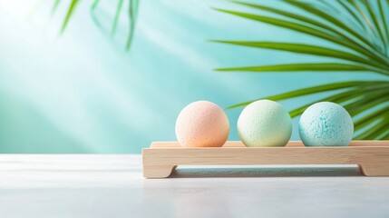 Fototapeta premium Spa Product Natural handmade soaps and bath bombs arranged on a wooden tray, promoting organic and sustainable spa practices.