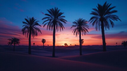 Obraz premium Desert Sunset Palm Trees Silhouetted Against Vibrant Sky