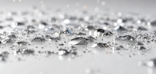 Fine silver glitters floating on a clean white background with subtle shimmer, tiny sparkles, sparkly effect, powdery sparkle