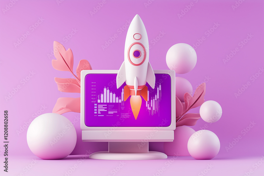 Aufkleber Rocket launching from computer screen showing positive financial charts and statistics