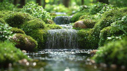 Moss-covered rocks in a forest stream, symbolizing hidden beauty with a minimalistic bright tone, modern blurred background, and empty space, capturing nature's serenity and quiet chaos
