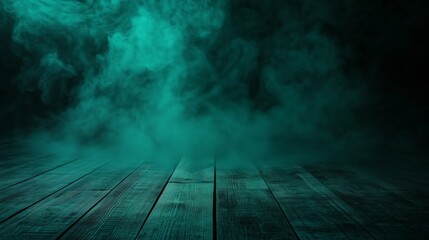 A green fog on a dark background going across wooden floor.