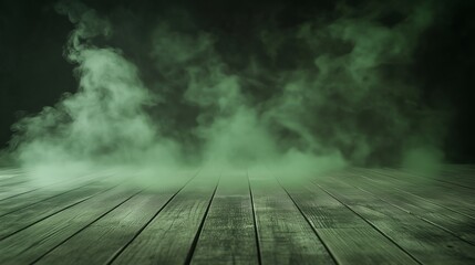 A green fog on a dark background going across wooden floor.