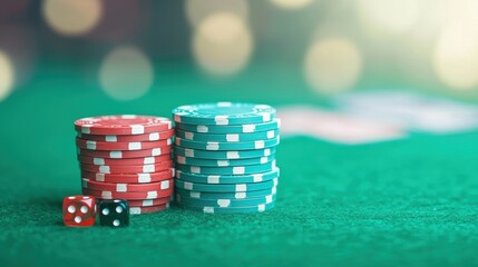 casino Poker Chip A stack of colorful poker chips piled high on a green felt poker table, with cards and dice scattered around, creating a casino atmosphere.