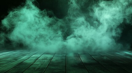 A green fog on a dark background going across wooden floor.