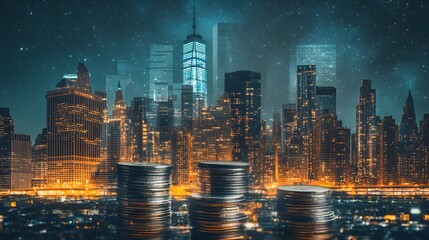 Fototapeta premium Night City Skyline with Stacks of Coins Representing Finance