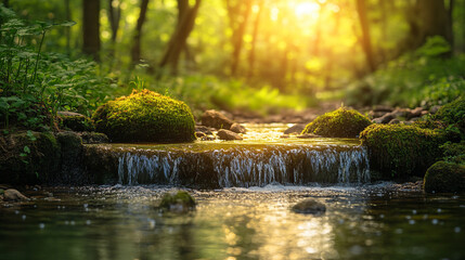 Moss-covered rocks in a forest stream, symbolizing hidden beauty with a minimalistic bright tone, modern blurred background, and empty space, capturing nature's serenity and quiet chaos
