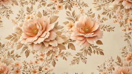 Floral pattern with soft peach and pale gold hues on a cream background , pastel, vintage
