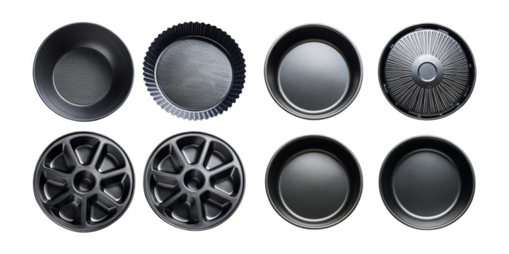 Set of non-stick round baking pans in various designs, perfect for baking cakes, tarts, and other treats, isolated on transparent background.