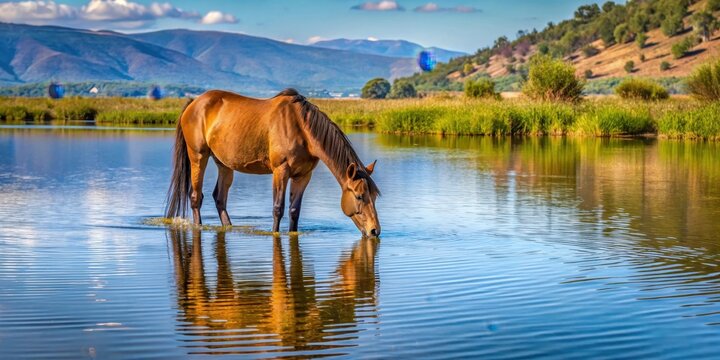 Caballo drinking from a lake in Cuautitlan Izcalli Mexico, horse, drinking, water, nature, landscape