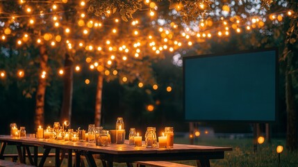 A beautifully lit outdoor table setting adorned with string lights and candles, creating a cozy atmosphere perfect for gatherings.