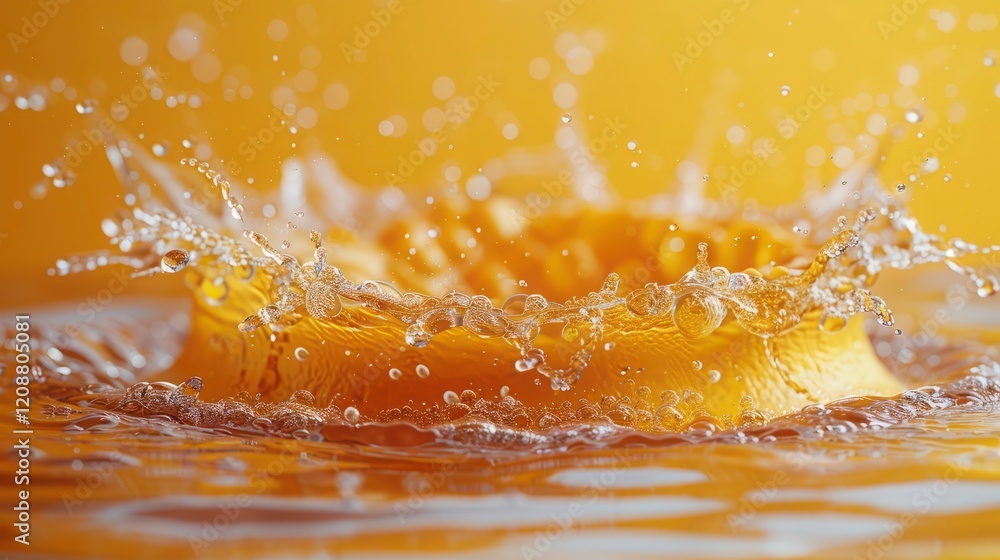 Aufkleber empty yellow podium mockup with water splash on a gradient background for product display