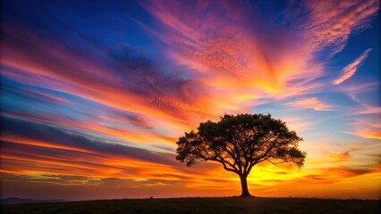 Silhouette of a tree against a colorful sky at sunset, nature, silhouette, tree, sky, sunset, dusk, colorful
