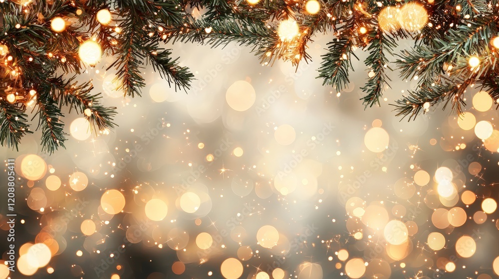 Poster festive bokeh with sparkling lights and evergreen branches, creating a warm and inviting holiday atm