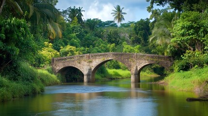 Historic stone bridge over a gently flowing river surrounded by lush greenery 