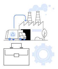 Recycling truck unloading resources at factory with smoke stacks, gear symbol, briefcase, tree, and arrows. Ideal for sustainability, industry, recycling, eco-business environmental management