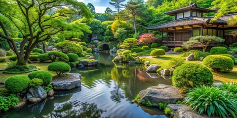 Tuinposter  Tranquil Japan style garden with lush greenery and flowing water features, Japanese, serene, peaceful, zen  © Watcharapon