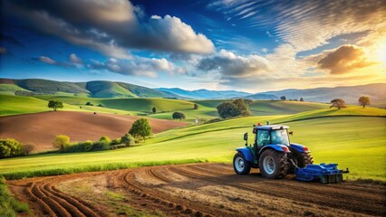 Fototapeta premium Blue tractor plowing field in idyllic rural landscape with rolling hills, tractor, plowing, field, idyllic