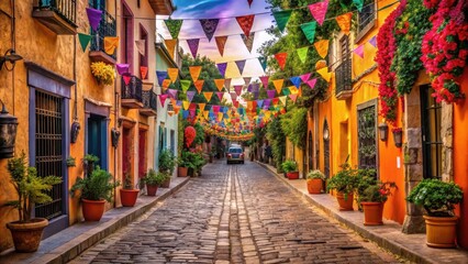 Fototapeta premium Vibrant Mexican street decorated for Dia de los Muertos celebration, Mexican culture, Day of the Dead, traditions