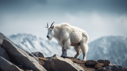  A mountain goat standing on a rocky cliff, snow