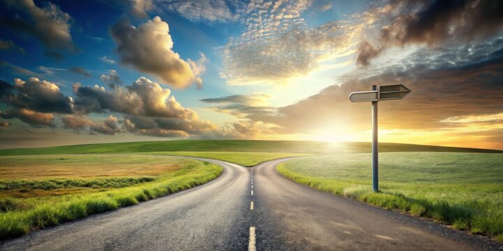 Surreal landscape with a split road and signpost arrows showing two different courses