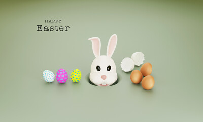 Easter card with bunny out of the hole and painted eggs on green background. Image 3d rendering