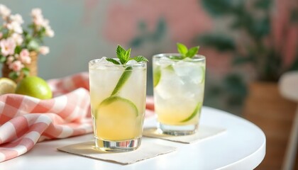 Two glasses of lemonade adorned with lime and mint, representing a refreshing spring cocktail on a stylish table