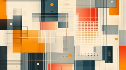 Abstract geometric design featuring vibrant orange, gray, and neutral tones with varied shapes and patterns.