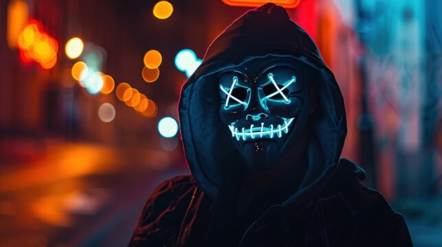 Mysterious man in black hoodie hides his face behind a neon mask, AI generated image