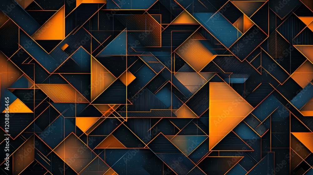 Poster abstract geometric pattern with dark backgrounds and vibrant orange shapes creating a dynamic visual