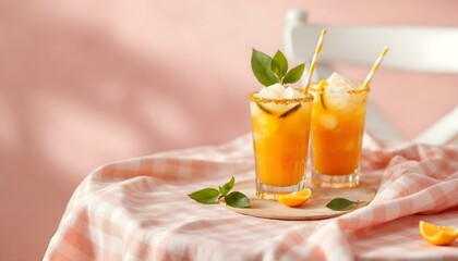 Fototapeta premium Two vibrant spring cocktails on a table adorned with a decorative tablecloth