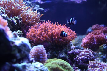 Obraz premium Vibrant Coral Reef Scene Featuring Colorful Anemones and Tropical Fish in a Lively Underwater Ecosystem Full of Diversity and Color Variations