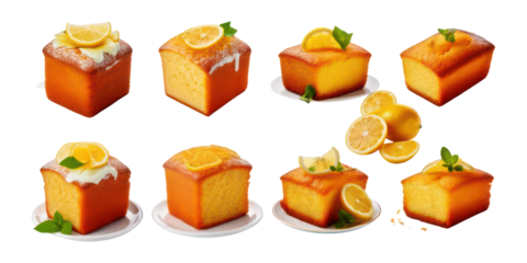 Fresh Lemon Cakes on Plates with Garnish ,PNG set collection, isolated on transparent background