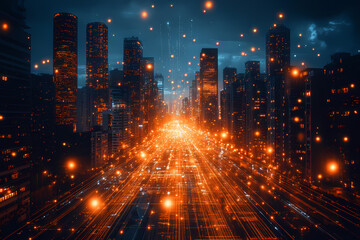 A futuristic cityscape where real buildings are overlaid with holographic structures and glowing digital grids. A seamless blend of physical and virtual worlds