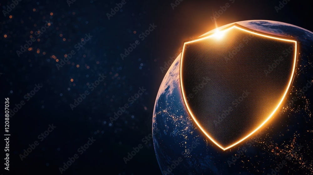 Poster globe cybersecurity and protection 3d rendering of earth with a digital shield protecting network co