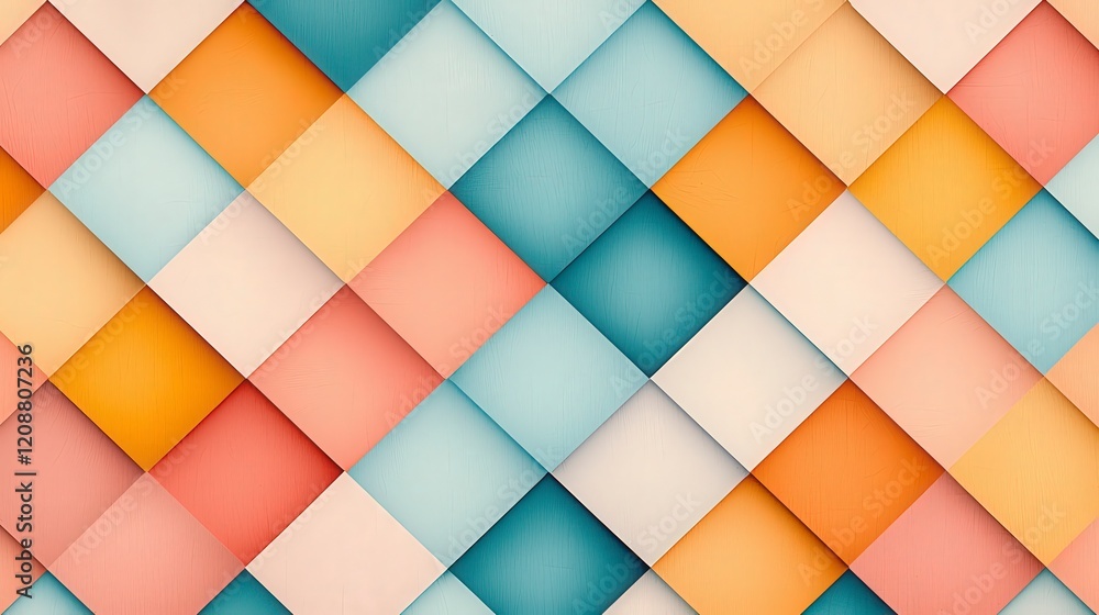 Poster colorful geometric pattern of interwoven squares in pastel tones, creating a visually appealing and 