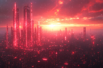 Fototapeta premium A futuristic cityscape where real buildings are overlaid with holographic structures and glowing digital grids. A seamless blend of physical and virtual worlds