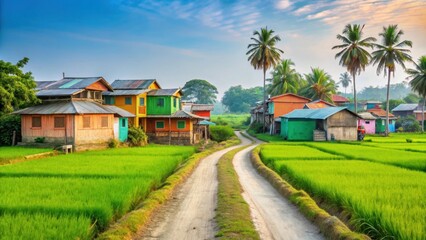 A narrow village road in Bangladesh surrounded by lush green paddy fields and colorful houses, Bangladesh, village, road