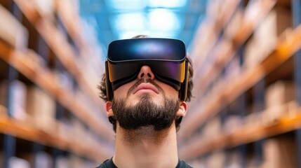 warehouse Cloud based Inventory Management A warehouse worker using augmented reality glasses to access inventory data and product locations, showcasing the future of warehouse management.