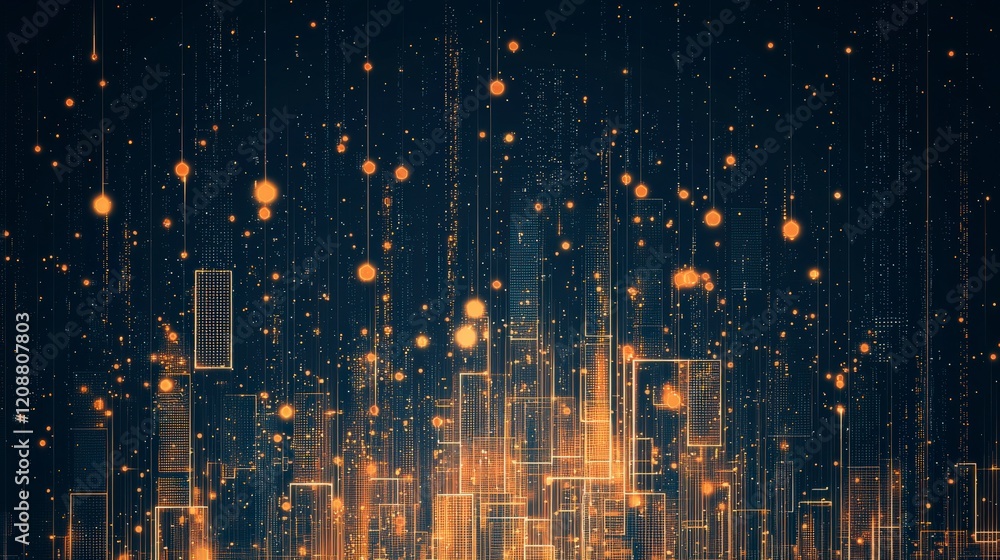 Poster abstract digital art featuring luminous vertical lines and glowing particles against a dark backgrou