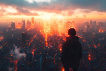 Fototapeta premium A futuristic cityscape where real buildings are overlaid with holographic structures and glowing digital grids. A seamless blend of physical and virtual worlds