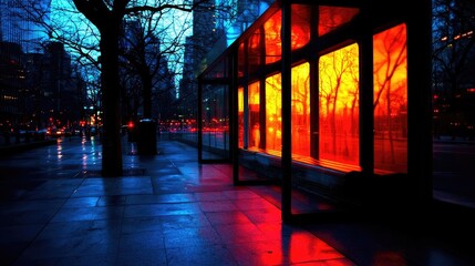 Fototapeta premium City street night, warm window glow, rainy, urban background, stock photo