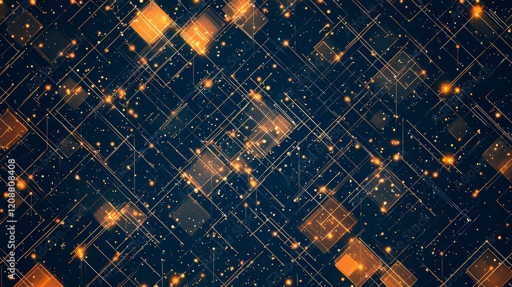Poster abstract digital pattern featuring glowing squares and lines on a dark background, evoking a sense o