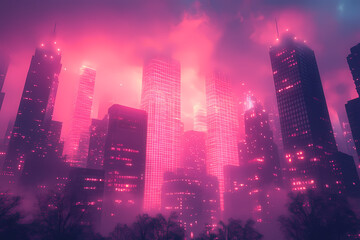 Obraz premium A futuristic cityscape where real buildings are overlaid with holographic structures and glowing digital grids. A seamless blend of physical and virtual worlds