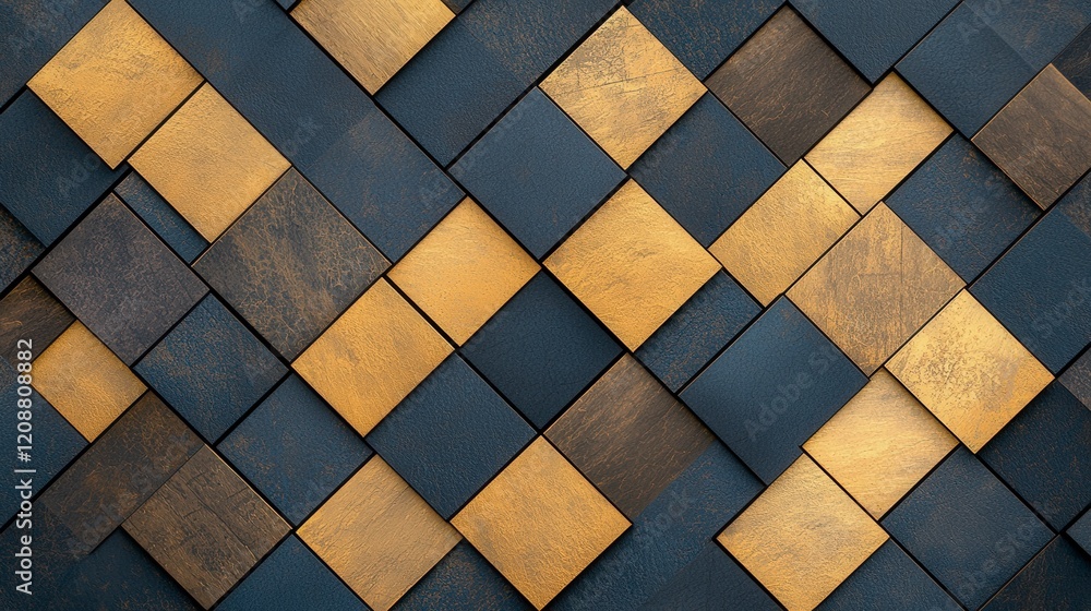 Poster textured pattern of interlocking tiles in shades of blue and gold, creating a visually striking geom