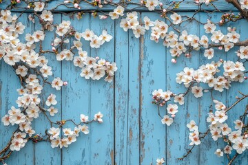 Light blue wooden background with white cherry blossoms, perfect for wedding or baby shower themes, with space for copy.